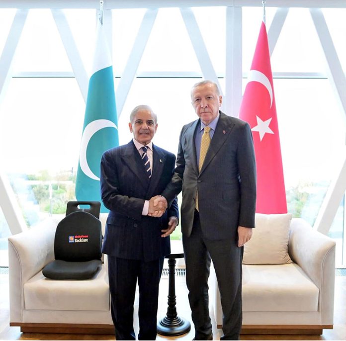 Prime Minister Muhammad Shehbaz Sharif meets with President of Turkiye H.E. Recep Tayyip Erdogan