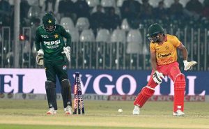 Zimbabwe batsman Tadiwanashe Marumani plays a shot during the Pakistan T20I Tri-Nation Series cricket match against Pakistan in Rawalpindi stadium