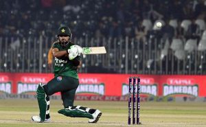 Pakistani batter Sahibzada Farhan plays a shot during the Pakistan T20I Tri-Nation Series cricket match between Zimbabwe and Pakistan at Pindi Cricket Stadium