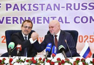 Federal Minister for Power Division, Sardar Awais Leghari, and Russian Energy Minister, Sergey Tsivilev, showing a strong gesture of friendship on the occasion of 10th Intergovernmental Commission Meeting.