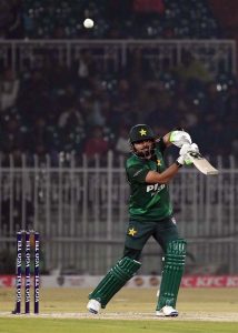 Pakistani batter Sahibzada Farhan plays a shot during the Pakistan T20I Tri-Nation Series cricket match between Zimbabwe and Pakistan at Pindi Cricket Stadium