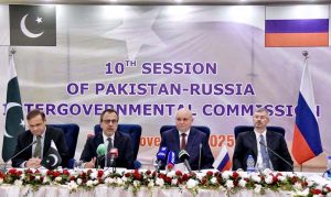 Federal Minister for Power Division, Sardar Awais Leghari, and Russian Energy Minister, Sergey Tsivilev, showing a strong gesture of friendship on the occasion of 10th Intergovernmental Commission Meeting.