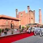 Pakistan Navy and Pakistan Rangers during change of guard ceremony to pay homage to the national poet Dr. Allama Muhammad Iqbal on his 148th birthday anniversary at Mazar-e-Iqbal