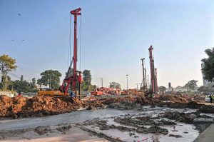 Construction work underway on the major remodeling project of Kachehri Chowk, one of the busiest intersections linking Rawalpindi city, is underway to ensure a smoother traffic flow for over 200,000 vehicles passing daily through the twin cities’ route