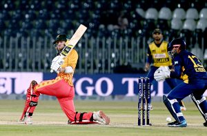 Zimbabwe’s Brian Bennett plays a shot during their Pakistan T20I Tri-Nation Series match against Sri Lanka in Rawalpindi Stadium