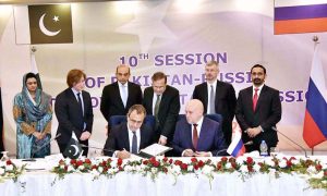 Federal Minister for Power Division, Sardar Awais Leghari, and Russian Energy Minister, Sergey Tsivilev, showing a strong gesture of friendship on the occasion of 10th Intergovernmental Commission Meeting.