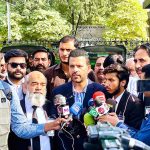 Federal Parliamentary Secretary for Information and Broadcasting Barrister Danyal Chaudhry addressing the media outside the Judicial Complex.