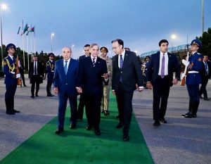 Prime Minister Muhammad Shehbaz Sharif is being seen off by the First Deputy Prime Minister of Azerbaijan Yagub Abdulla Oglu Eyyubev at Haider Aliyev International Airport