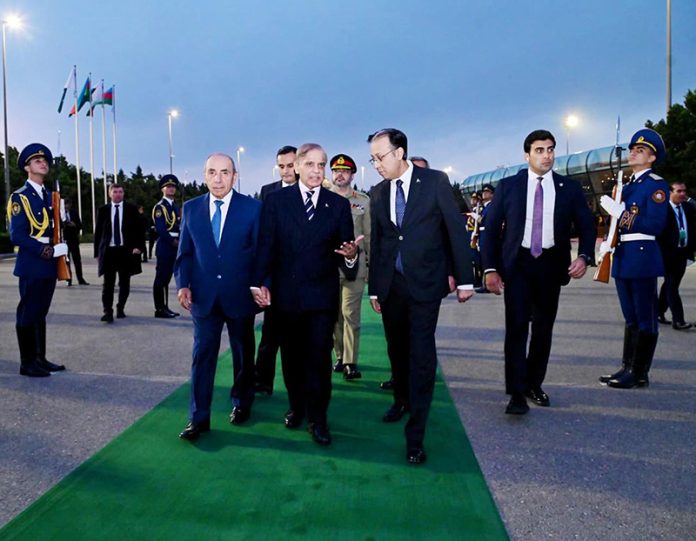 Prime Minister Muhammad Shehbaz Sharif is being seen off by the First Deputy Prime Minister of Azerbaijan Yagub Abdulla Oglu Eyyubev at Haider Aliyev International Airport