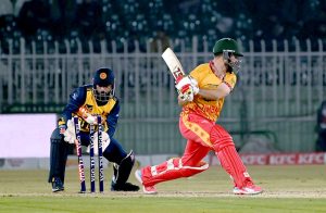 Zimbabwe’s Brian Bennett plays a shot during their Pakistan T20I Tri-Nation Series match against Sri Lanka in Rawalpindi Stadium