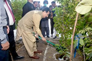 Acting President of Pakistan, Syed Yusuf Raza Gilani, plants saplings during his visit to Mahmood Group of Textile Mills