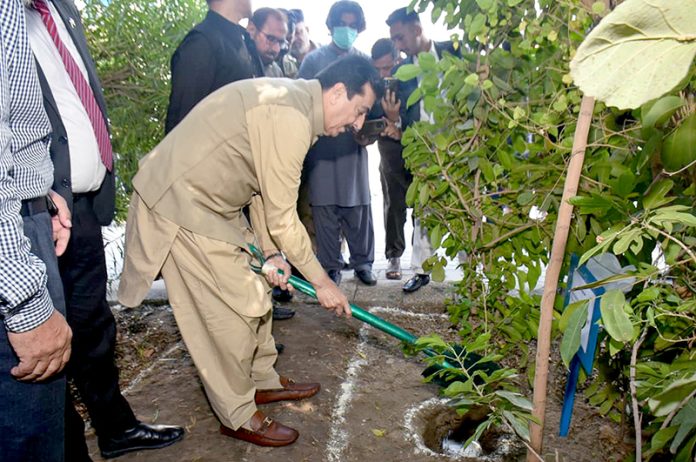 Acting President of Pakistan, Syed Yusuf Raza Gilani, plants saplings during his visit to Mahmood Group of Textile Mills