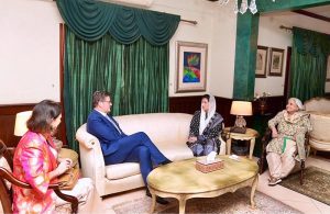 Consul General of Germany, Mr. Thomas Schultze, accompanied by his wife Mrs. Katja Heusel, calls on First Lady Bibi Aseefa Bhutto Zardari at Bilawal House.