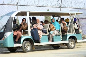 Indian Sikh pilgrims upon their arrival in Pakistan after crossing the India-Pakistan Wagah Border on the eve of celebrations marking the birth anniversary of Guru Nanak, the founder of Sikhism. Nearly two thousand Sikh pilgrims from India entered Pakistan in the first major crossing since deadly clashes in May led to the closure of the land border between the two neighbouring countries