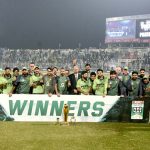Pakistan team group photo with trophy after winning ODI series against South Africa team at Iqbal Stadium