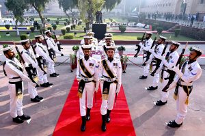 Pakistan Navy and Pakistan Rangers during change of guard ceremony to pay homage to the national poet Dr. Allama Muhammad Iqbal on his 148th birthday anniversary at Mazar-e-Iqbal