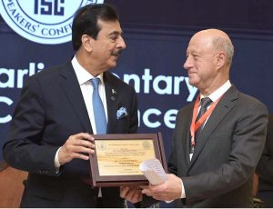 Chairman Senate of Pakistan & Founding Chairman of Inter-Parliamentary Speakers’ Conference (ISC), Syed Yousaf Raza Gilani presents memento to Aleksandr Babakov, Deputy Chairman, State Duma of the Federal Assembly Russia during the Inter-Parliamentary Speakers’ Conference at a local hotel.