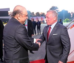 President Asif Ali Zardari receiving His Majesty King Abdullah II of Jordan at Nur Khan Airbase.
