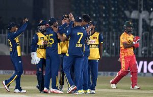 Sri Lanka’s Maheesh Theekshana hits the stumps to dismiss Zimbabwe’s Dion Myers in their Pakistan T20I Tri-Nation Series match at Rawalpindi Stadium..