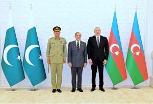 Prime Minister Muhammad Shehbaz Sharif meets with President of Azerbaijan H.E. Illham Aliyev; Chief of the Army Staff Field Marshal Syed Asim Munir is also present