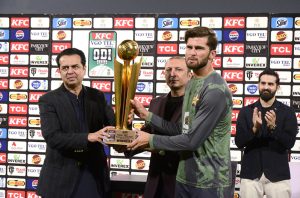 Pakistan team group photo with trophy after winning ODI series against South Africa team at Iqbal Stadium