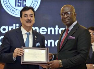 Chairman Senate of Pakistan & Founding Chairman of Inter-Parliamentary Speakers’ Conference (ISC), Syed Yousaf Raza Gilani presents memento to Aleksandr Babakov, Deputy Chairman, State Duma of the Federal Assembly Russia during the Inter-Parliamentary Speakers’ Conference at a local hotel.