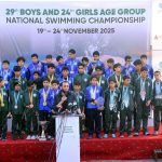 Federal Minister for Information & Broadcasting, Mr. Attaullah Tarar, talking to the media after attending the ‘29th Boys and 24th Girls Age Group National Swimming Championship 2025