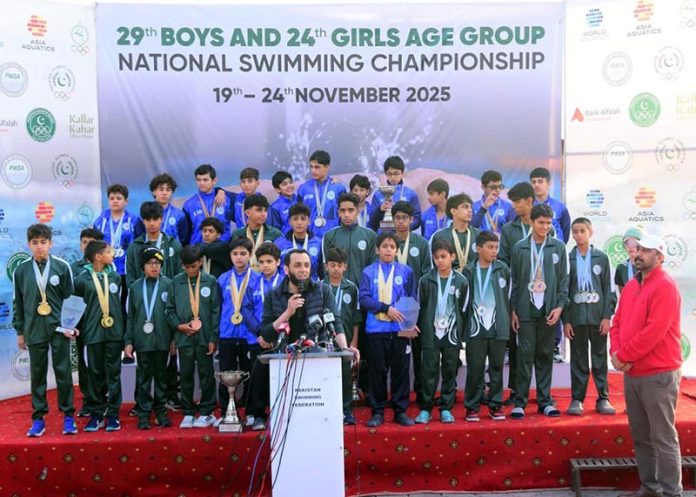 Federal Minister for Information & Broadcasting, Mr. Attaullah Tarar, talking to the media after attending the ‘29th Boys and 24th Girls Age Group National Swimming Championship 2025