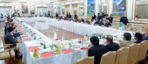 Prime Minister Muhammad Shehbaz Sharif addresses the banquet in honor of government and coalition Senators