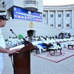 Commodore Commandant Zia Ur Rehman T (M) addresses the opening ceremony of the 5th International Nautical Competition 2025 at Pakistan Naval Academy.