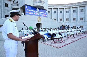 Commodore Commandant Zia Ur Rehman T (M) addresses the opening ceremony of the 5th International Nautical Competition 2025 at Pakistan Naval Academy.
