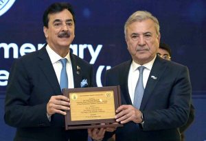 Chairman Senate of Pakistan & Founding Chairman of Inter-Parliamentary Speakers’ Conference (ISC), Syed Yousaf Raza Gilani presents memento to Aleksandr Babakov, Deputy Chairman, State Duma of the Federal Assembly Russia during the Inter-Parliamentary Speakers’ Conference at a local hotel.