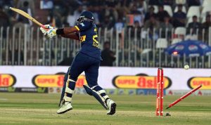 Sri Lanka batter Sadeera Samarawickrama bowled out by Pakistan’s Haris Rauf during the second one day international cricket match between Pakistan and Sri Lanka at Pindi Cricket Stadium.