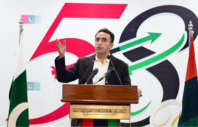 Chairman Pakistan People’s Party (PPP) Bilawal Bhutto Zardari addresses the country’s largest digital public gathering on the occasion of the Party’s 58th Foundation Day