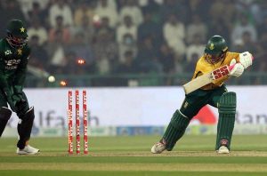 South Africa batter Matthew Breetzke bowled out by Mohammad Nawaz during the Third T20 international cricket match between Pakistan and South Africa at the Gaddafi Stadium.