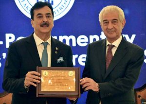 Chairman Senate of Pakistan & Founding Chairman of Inter-Parliamentary Speakers’ Conference (ISC), Syed Yousaf Raza Gilani presents memento to Aleksandr Babakov, Deputy Chairman, State Duma of the Federal Assembly Russia during the Inter-Parliamentary Speakers’ Conference at a local hotel.