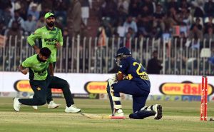Sri Lanka batter Sadeera Samarawickrama bowled out by Pakistan’s Haris Rauf during the second one day international cricket match between Pakistan and Sri Lanka at Pindi Cricket Stadium.