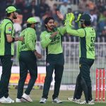 Pakistan players celebrates a wicket of Sri Lankan batter Kamindu Mendis during the 3rd one day international cricket match between Pakistan and Sri Lanka at Pindi Cricket Stadium.