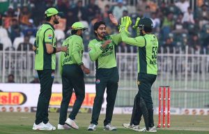 Pakistan players celebrates a wicket of Sri Lankan batter Kamindu Mendis during the 3rd one day international cricket match between Pakistan and Sri Lanka at Pindi Cricket Stadium.