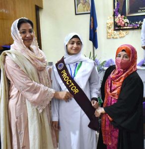 State Minister for Education, Wajiha Qamar confers sashes to student in oath taking ceremony of Students Council at Model College for Girls F-10/2