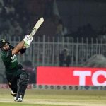 Pakistani batter Sahibzada Farhan plays a shot during the T20I Tri-Nation Series match between Sri Lanka and Pakistan at Pindi Cricket Stadium