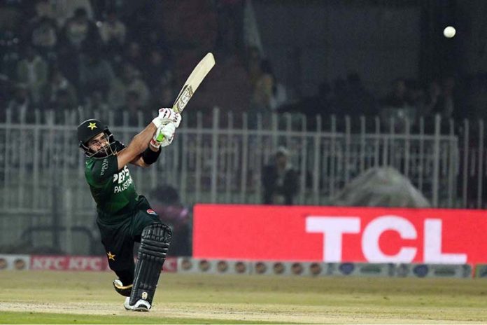Pakistani batter Sahibzada Farhan plays a shot during the T20I Tri-Nation Series match between Sri Lanka and Pakistan at Pindi Cricket Stadium