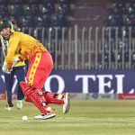 Zimbabwe’s batter Brendan Taylor plays a shot during the Pakistan T20I Tri-Nation Series cricket match between Zimbabwe and Sri Lanka at Pindi Cricket Stadium.