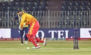Zimbabwe’s batter Brendan Taylor plays a shot during the Pakistan T20I Tri-Nation Series cricket match between Zimbabwe and Sri Lanka at Pindi Cricket Stadium.