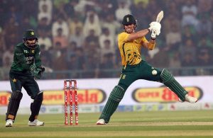 South Africa batter Matthew Breetzke bowled out by Mohammad Nawaz during the Third T20 international cricket match between Pakistan and South Africa at the Gaddafi Stadium.