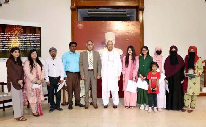 A Group photograph Dr. Moinuddin Aqeel eminent Pakistani scholar, author, and literary critic and from Iqbal’s Academy and Head of the SBP Museum Dr. Sikandar Hayat Malik along with participation on the occasion of the “Interpretations of Iqbal’s Life and Thoughts” – Hayat o Fiqar ki Nae Jehten during attend the scholar talks organized as part of the Iqbal Day/Week celebrations at the State Bank of Pakistan (SBP) Museum and Art Gallery