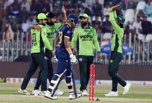 Sri Lanka batter Sadeera Samarawickrama bowled out by Pakistan’s Haris Rauf during the second one day international cricket match between Pakistan and Sri Lanka at Pindi Cricket Stadium.
