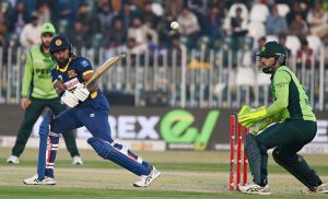 Pakistan players celebrates a wicket of Sri Lankan batter Kamindu Mendis during the 3rd one day international cricket match between Pakistan and Sri Lanka at Pindi Cricket Stadium.