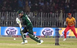 Zimbabwe batsman Tadiwanashe Marumani plays a shot during the Pakistan T20I Tri-Nation Series cricket match against Pakistan in Rawalpindi stadium