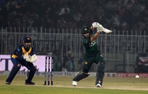 Pakistani batter Sahibzada Farhan plays a shot during the T20I Tri-Nation Series match between Sri Lanka and Pakistan at Pindi Cricket Stadium